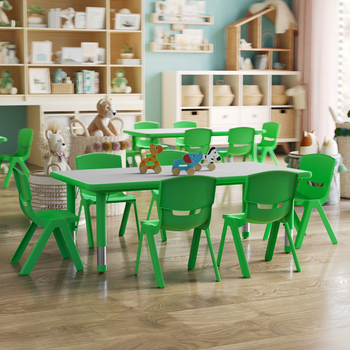 Flash Furniture Emmy Rectangular Adjustable Activity Table with 6 Stacking Chairs, Natural