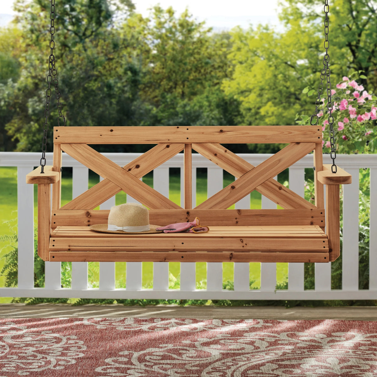 Backyard Discovery 55" Cedar Wood Farmhouse Outdoor Porch Swing Bench, Two-Person Seating
