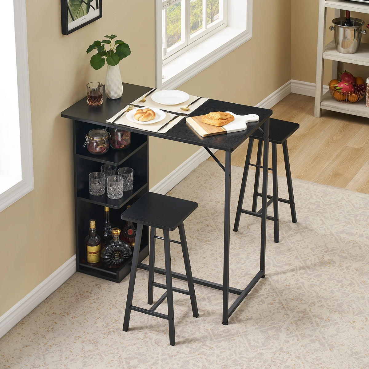 Dining Table Set, Bar Table and Chairs Set, 3-Piece Bar Table Set with Storage Drawer & Shelf, Steel Frame, Industrial, Rustic Brown, Space Saving Table for Small Apartment