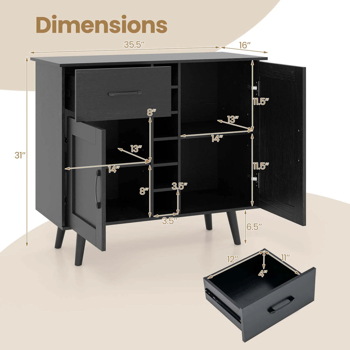 Costway 2-Door Wine Bar Cabinet Kitchen Sideboard Buffet with Drawer & Adjustable Shelves Natural