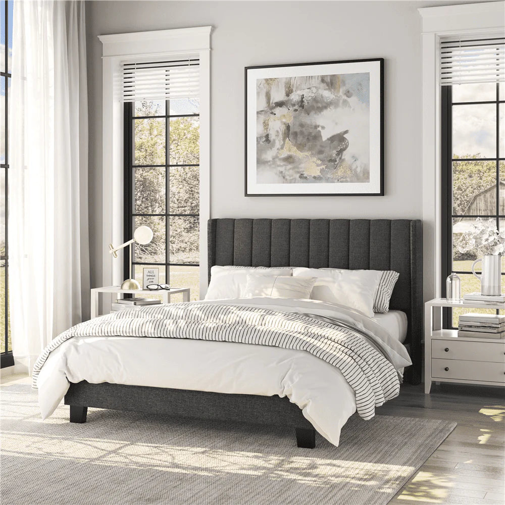 Yaheetech Upholstered Wingback Bed with Support and Mattress Foundation, Queen, Dark Gray