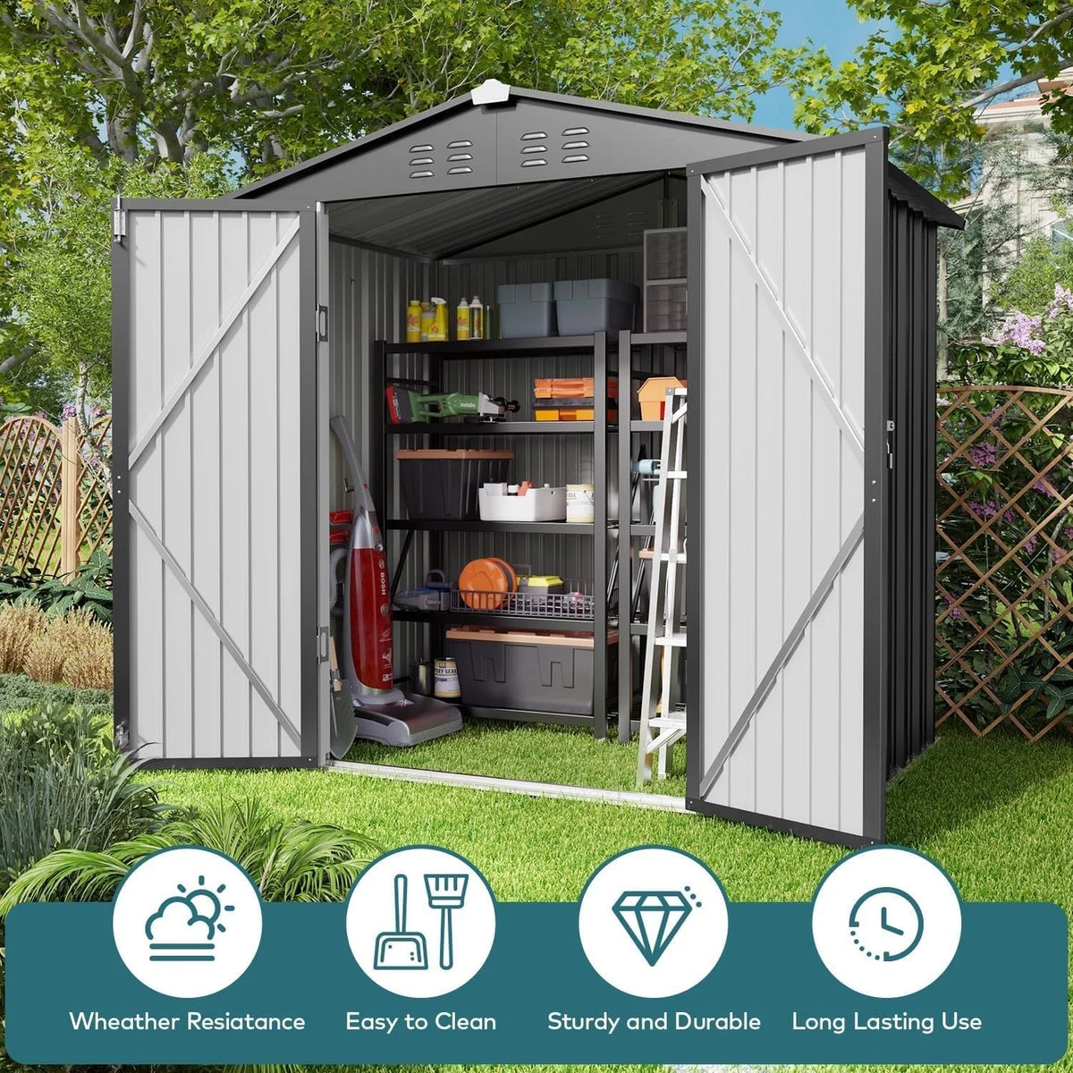 Lofka 6 x 4 FT Galvanized  Metal Outdoor Storage Shed with Double Lockable Doors and Air Vents for Patio, Garden, Backyard, Lawn, Dark Gray