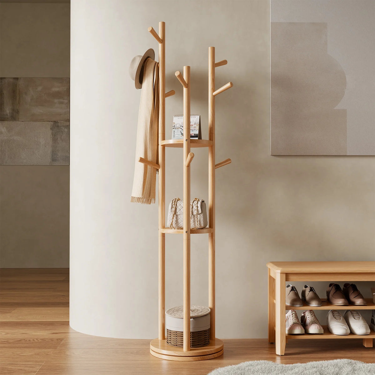 KASLANDI Solid Wood Rotary Coat Rack with 3 Shelves & 9 Hooks, Freestanding Hall Tree Stand, Coat Tree for Entryway, Living Room, Walnut, Easy Assembly