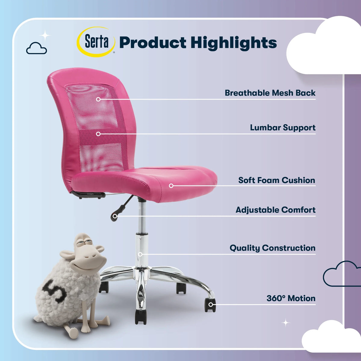 Serta Essentials Armless Task Chair, Faux Leather and Mesh, Cream