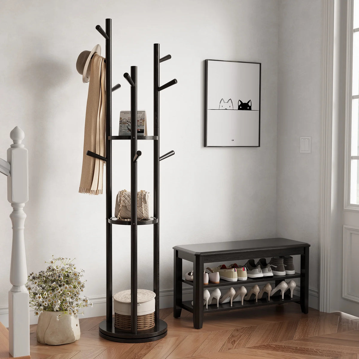 KASLANDI Solid Wood Rotary Coat Rack with 3 Shelves & 9 Hooks, Freestanding Hall Tree Stand, Coat Tree for Entryway, Living Room, Walnut, Easy Assembly