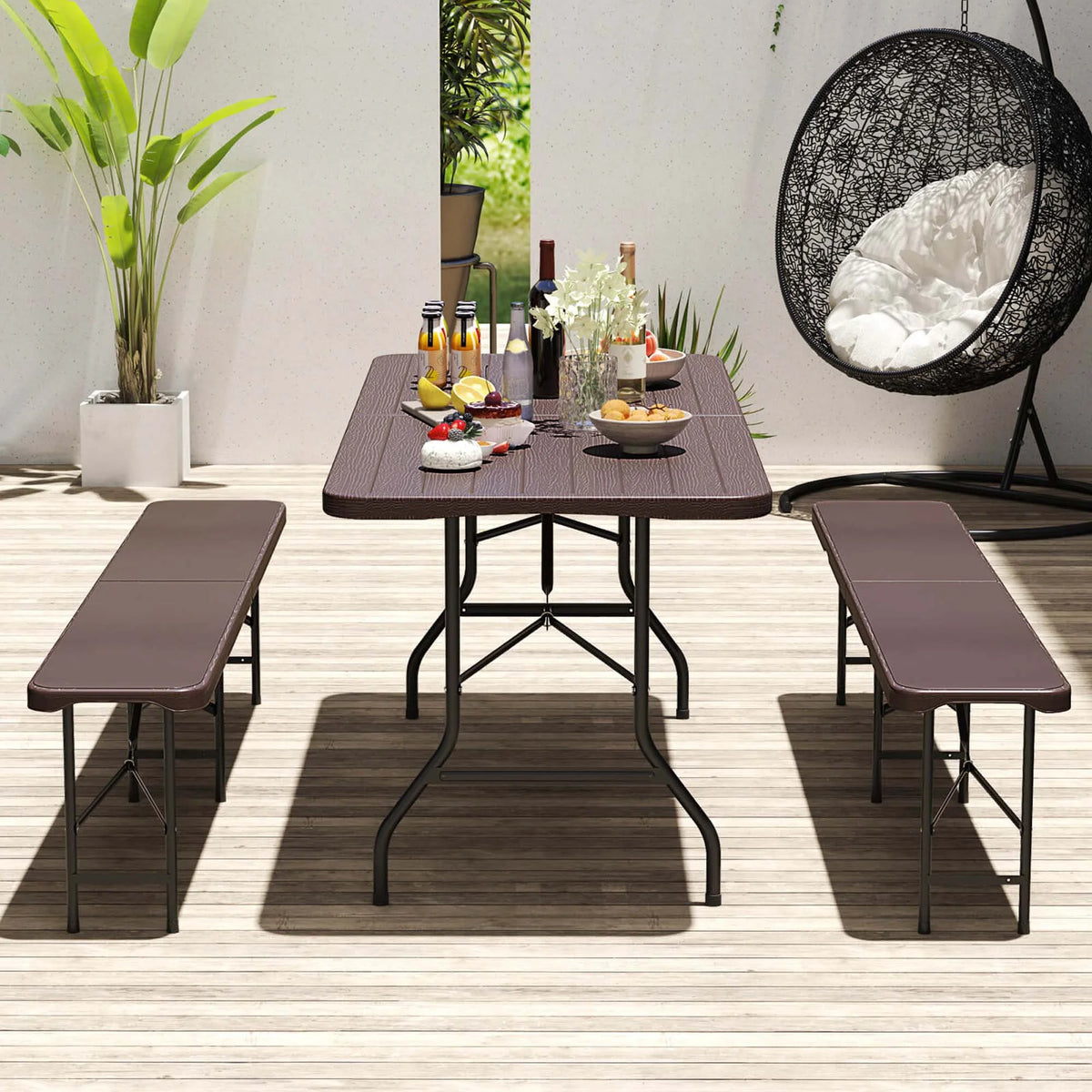 Costway 6 ft Portable Folding Table with Wood Grain HDPE Tabletop Safe Lock Mechanism Gray