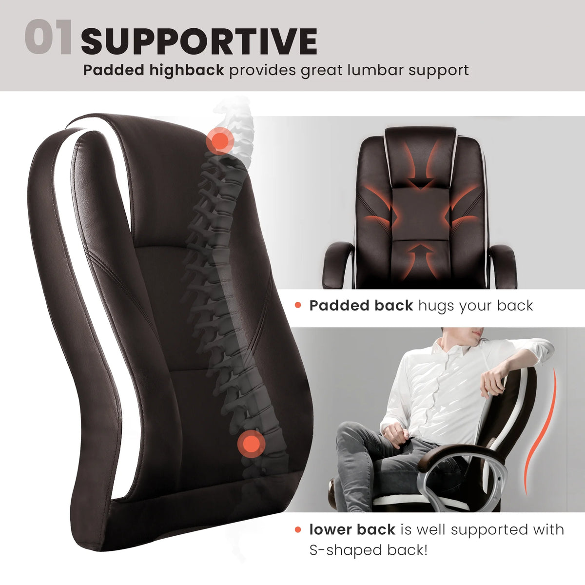 NEO CHAIR Home Office Chair, Heavy Duty Leather Office Chair, Ergonomic High Back Cushion Lumbar Back Support, Computer Desk Executive Chair for Work, 8 Hours Comfort, Jet Black