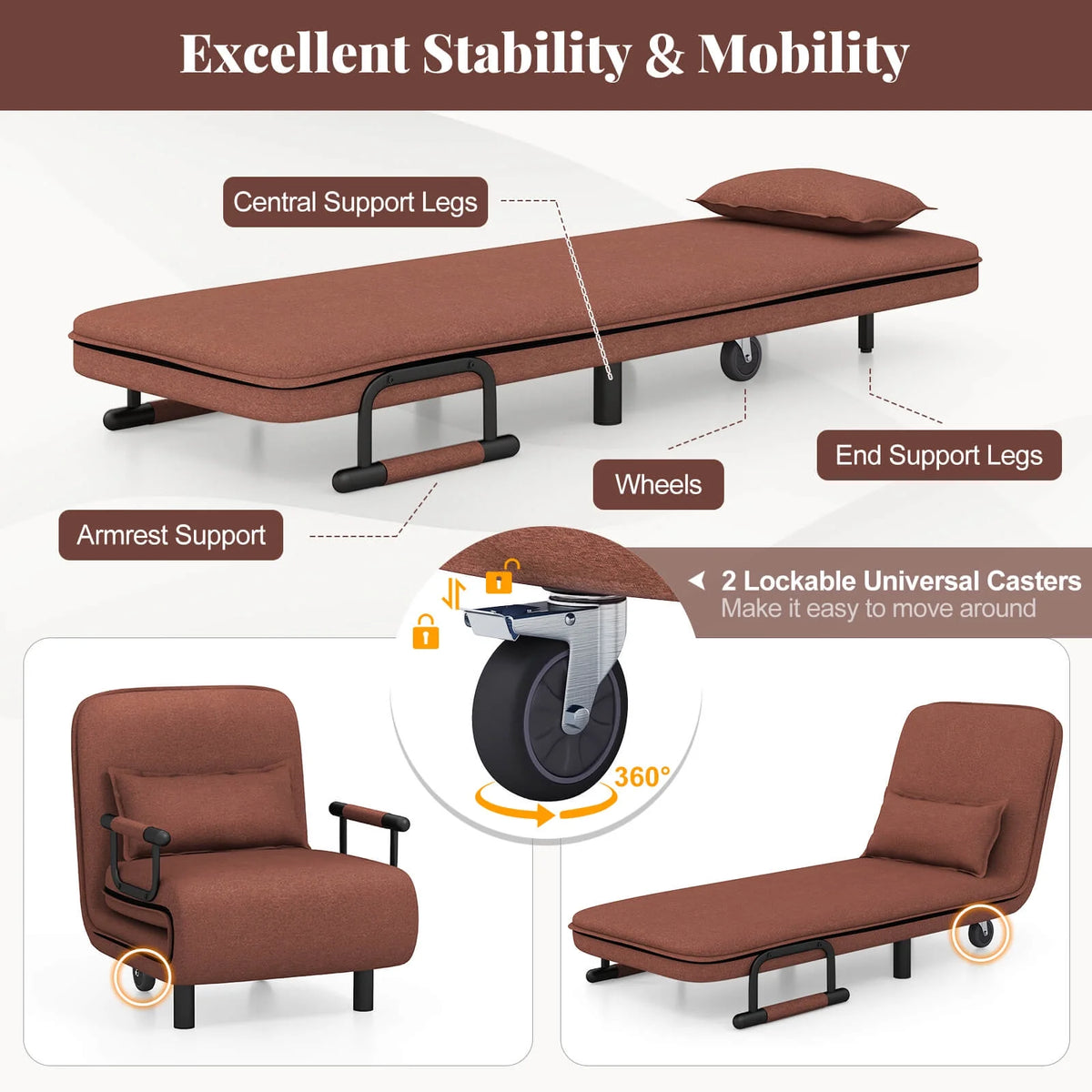 Costway 3-in-1 Convertible Sofa Bed with 5-Position Adjustable Backrest & Lumbar Pillow Brown