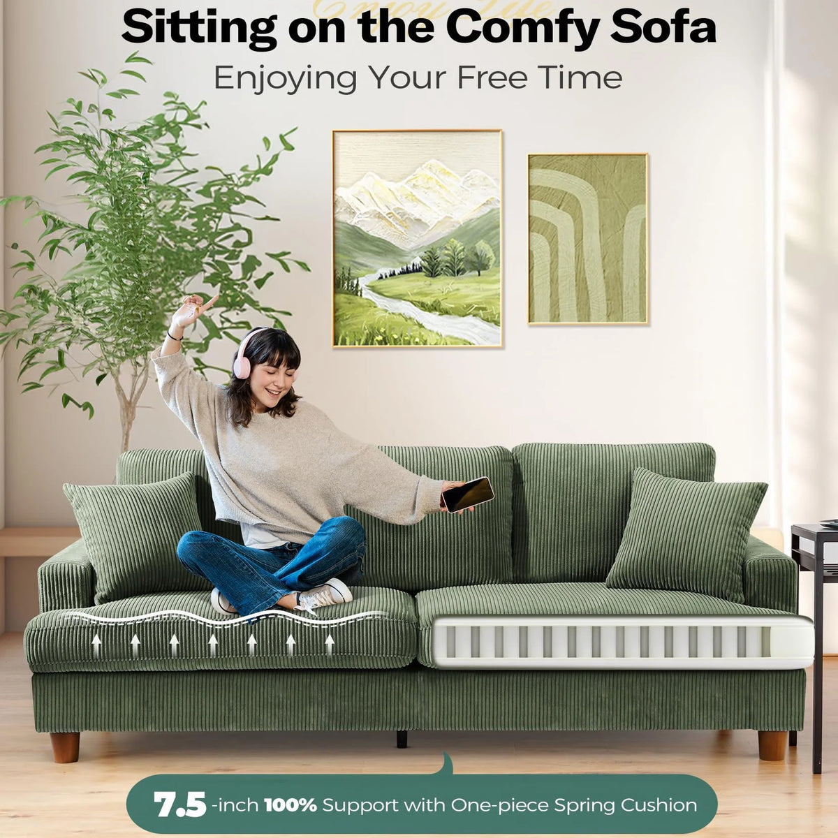 87" Corduroy Sofa,3 Seater Sofa with Extra Deep Seats,Neche Comfy Upholstered Couch for Living Room,2 Pillows,Green