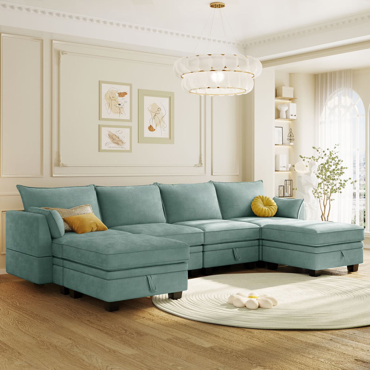 EUROCO 115" Large U/L Shaped Sectional Sofa, 1200LBS 6 Seat Convertible Couch Queen Size Sleeper Bed with Storage Seat and Removable Cushions, Modular Sofa with 2 Stools