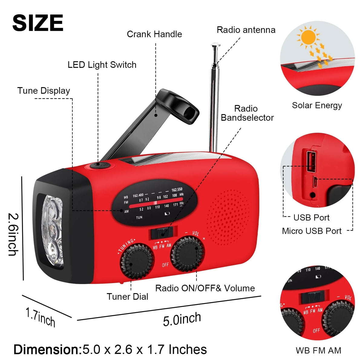 TSV Emergency Radio, Solar Hand Crank Self-Powered Weather Radio with 1200mAh Rechargeable Battery, Bright LED Flashlight, for Household Emergency, Outdoor Survival