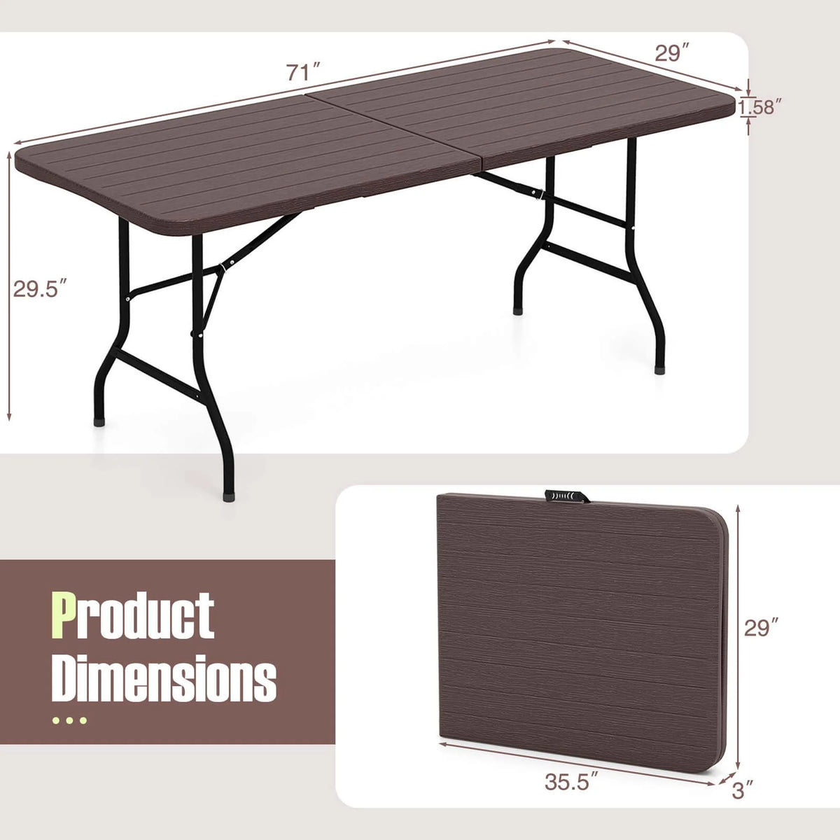 Costway 6 ft Portable Folding Table with Wood Grain HDPE Tabletop Safe Lock Mechanism Gray