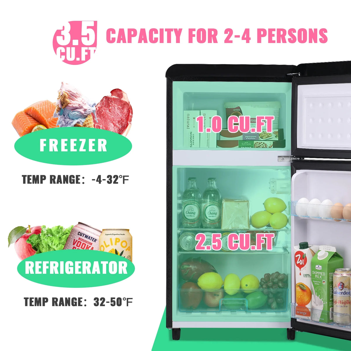 DEMULLER 3.5 Cu. ft Mini Fridge Double Door  Refrigerator  7 Adjustable Temperature Control Black