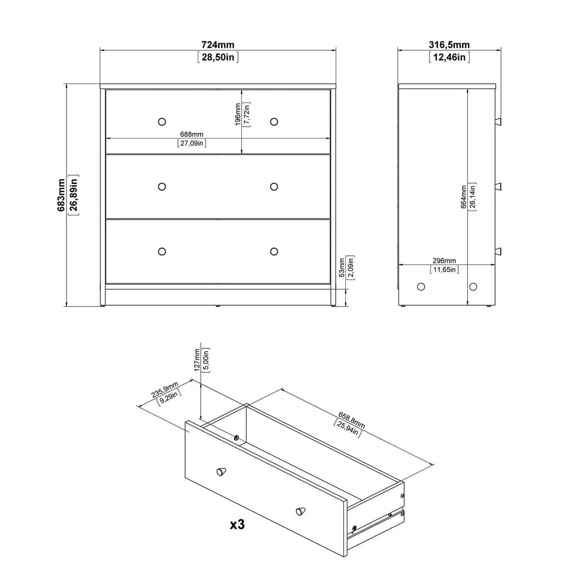Studio 3 Drawer Chest, Black