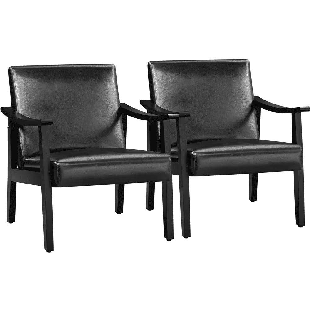 Yaheetech Mid-Century Upholstered Faux Leather Armchair with Solid Wood Legs,Brown