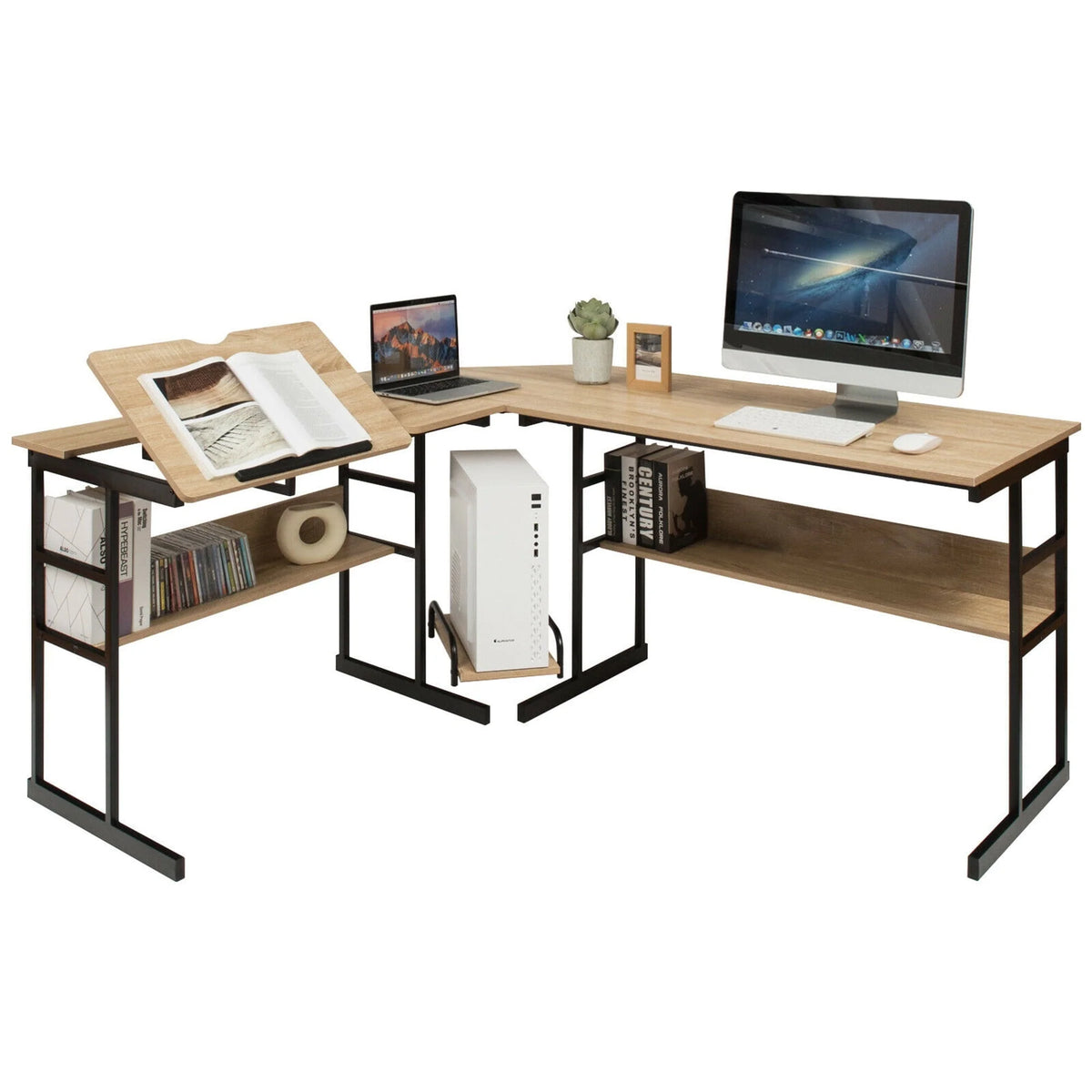 Gymax L-Shaped Computer Desk Drafting Table Workstation w/ Tiltable Tabletop Natural
