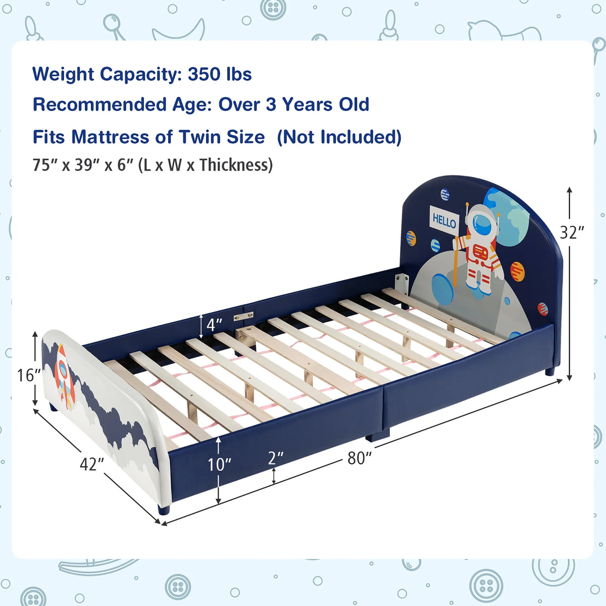 Costway Kids Upholstered Platform Bed Children Twin Size Wooden Bed Astronaut Pattern