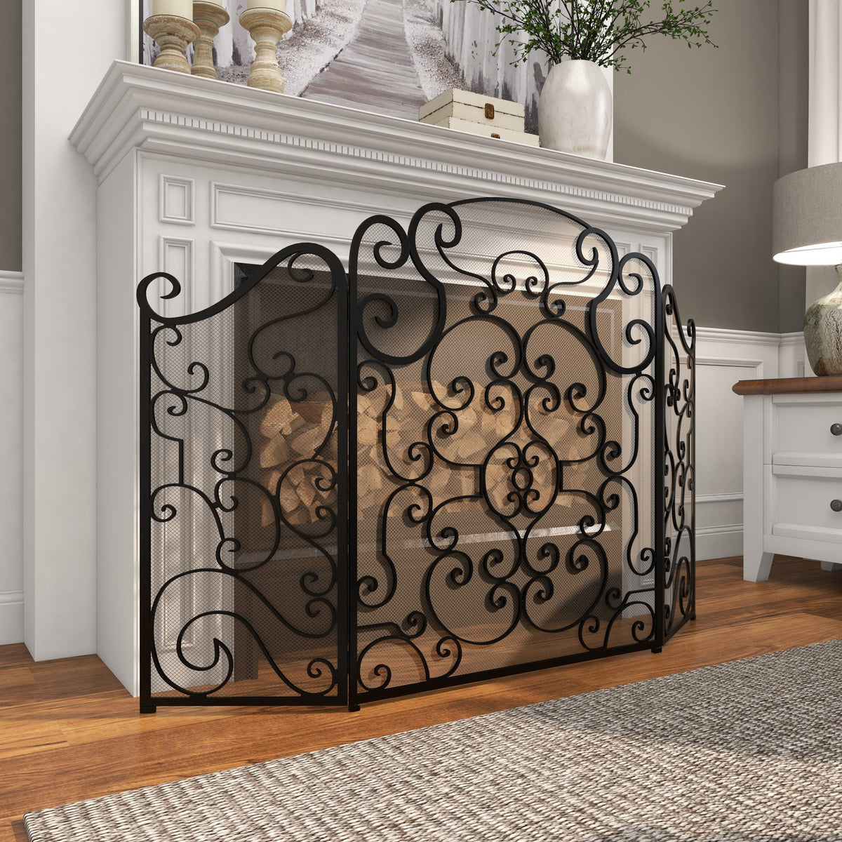 DecMode Black Traditional Metal 3 Panel Foldable Fireplace Screen with Mesh Netting and Scroll Pattens, 52"W x 35"H