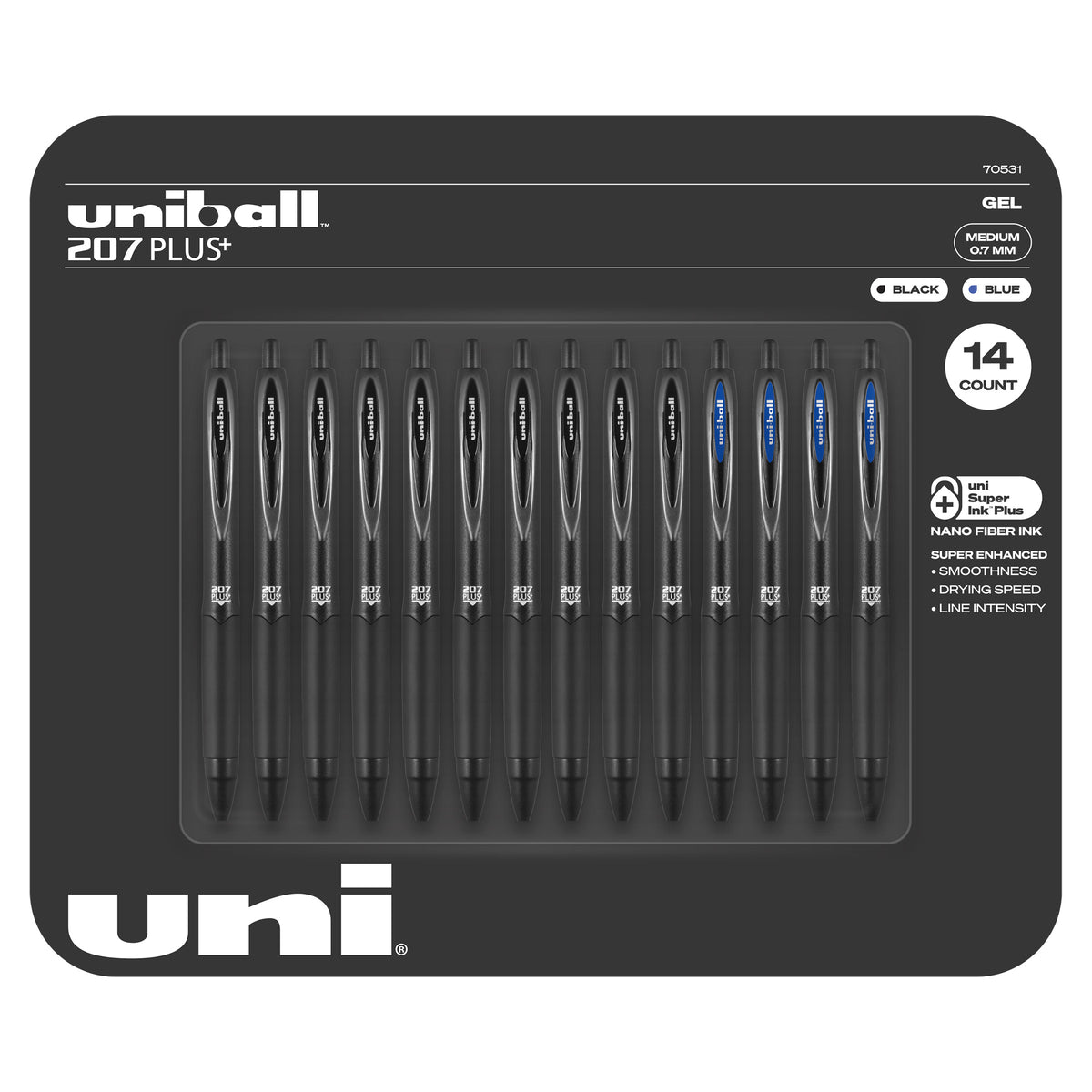 Uniball 207 Plus+ Retractable Gel Pen, Medium Point 0.7mm, 14-count