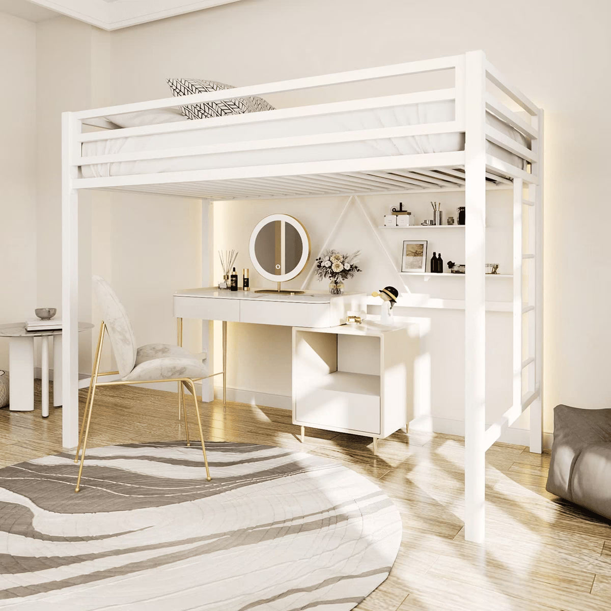 Einfach Metal Twin Size Loft Bed with Removable Ladder & Full-Length Guardrail, White