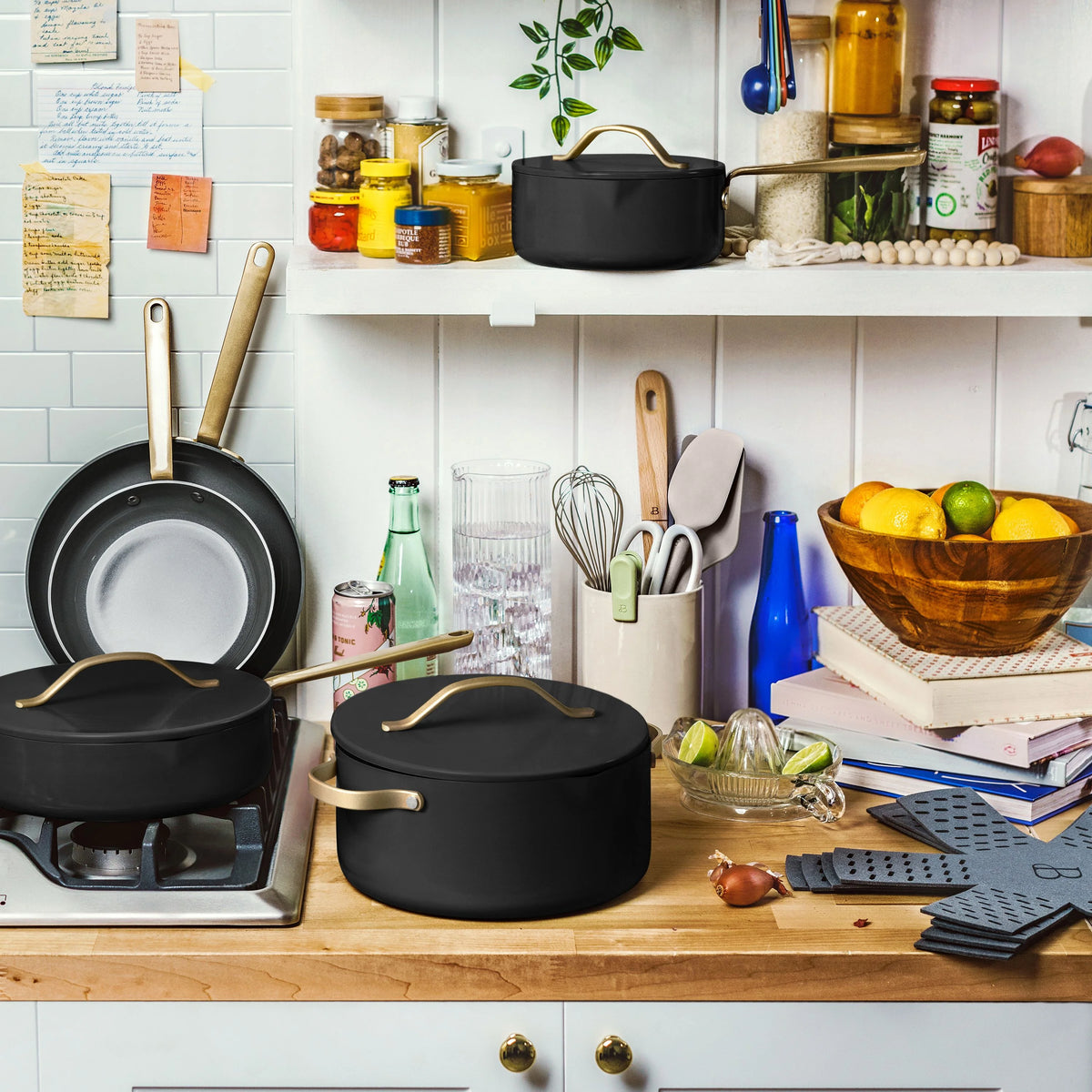 Beautiful 12pc Ceramic Non-Stick Cookware Set with Strainer Lids, White Icing by Drew Barrymore