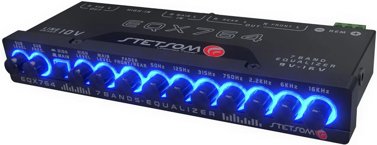 EQX764 7 Band Equalizer, Pre-Amp Car Audio Graphic Equalizer with 4 Inputs (RCA & High) 6 Outputs, 10v Line Driver to Avoid Noise and Dedicated Sub Controls (Level & Frequency)