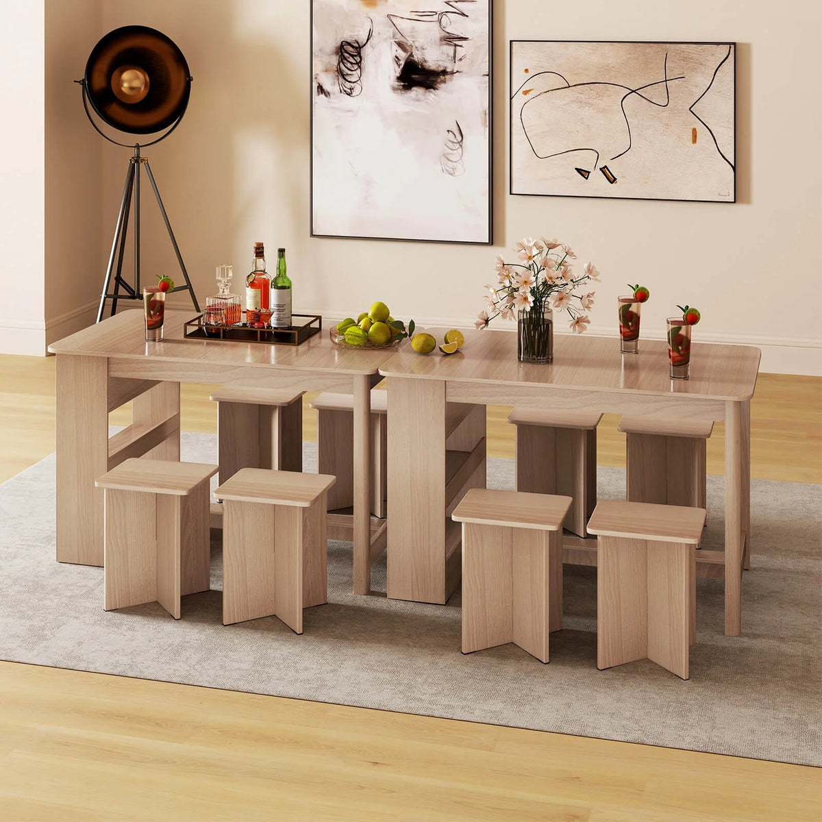 Costway 5 PCS Dining Table Set with Storage Shelf Rectangular Kitchen Table with 4 Stools Beige