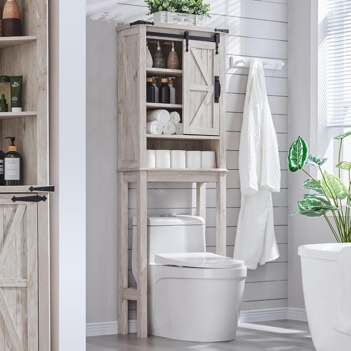 OKD 68In Farmhouse Over The Toilet Storage Cabinet with Sliding Bathroom Organizers and Storage Barn Door & Adjustable Shelves, Dark Rustic Oak