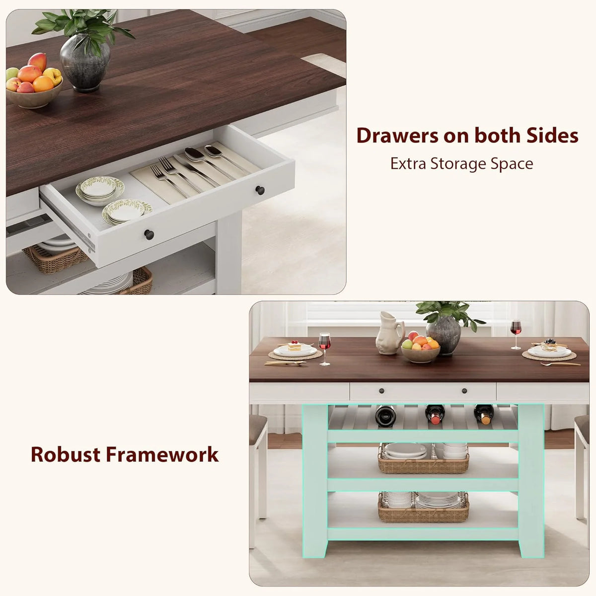 60" Counter Height Dining Table for 4,Rustic Counter Height Dining Table with Drawers& Open Shelves for Kitchen, Bar