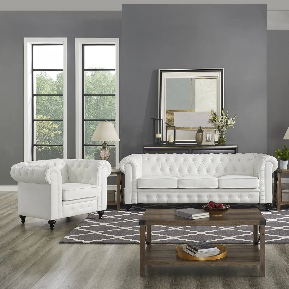 Naomi Home Emery Chesterfield Sofa & Accent Chair with Rolled Arms, Tufted Cushions, White