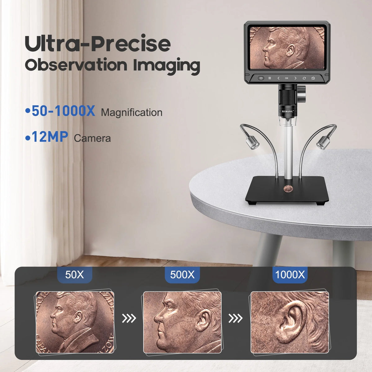BEBANG 7" Coin Microscopefor Adults Kids, 1200X LCD Digital Microscope with 10 LED Lights, PC View