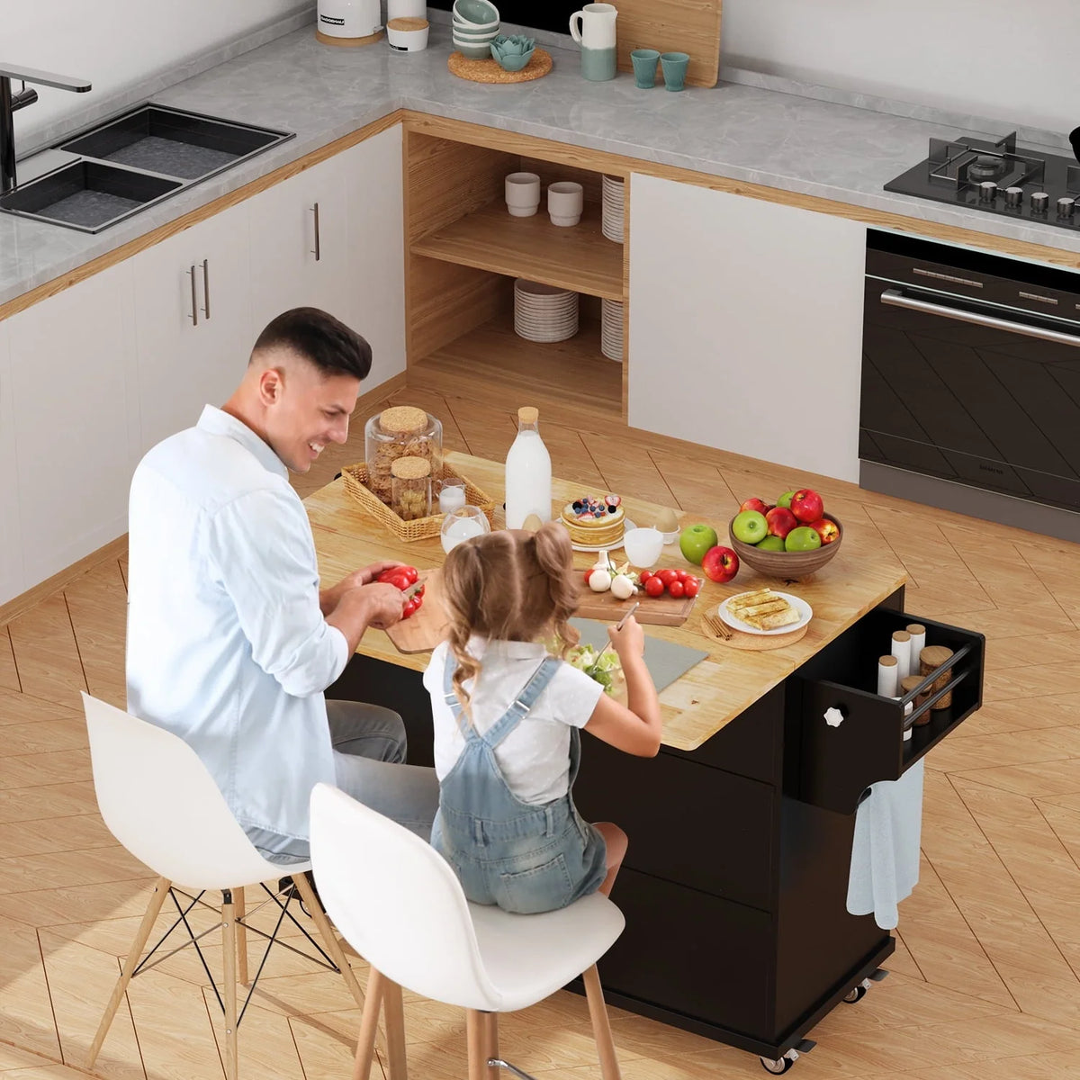 Lofka Kitchen Island with Storage,  Kitchen Island on Wheel with Wood Drop Leaf Tabletop,Black