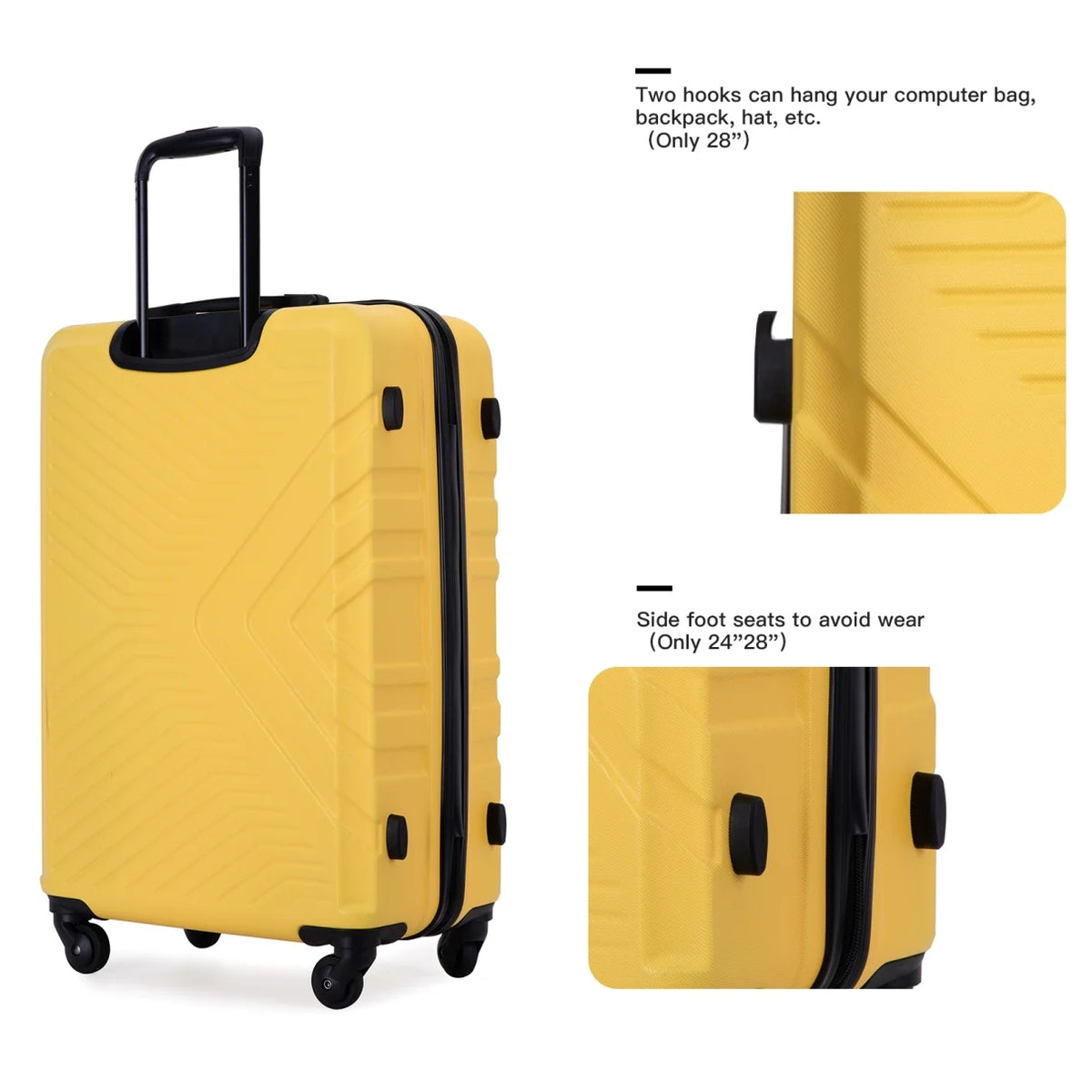 3 Piece Luggage Sets, ABS Lightweight Suitcase(20/24/28), Carry on Hard-Shell Luggage with 2 Hooks, Telescopic Handle, Spinner Wheels and TSA Lock, Yellow