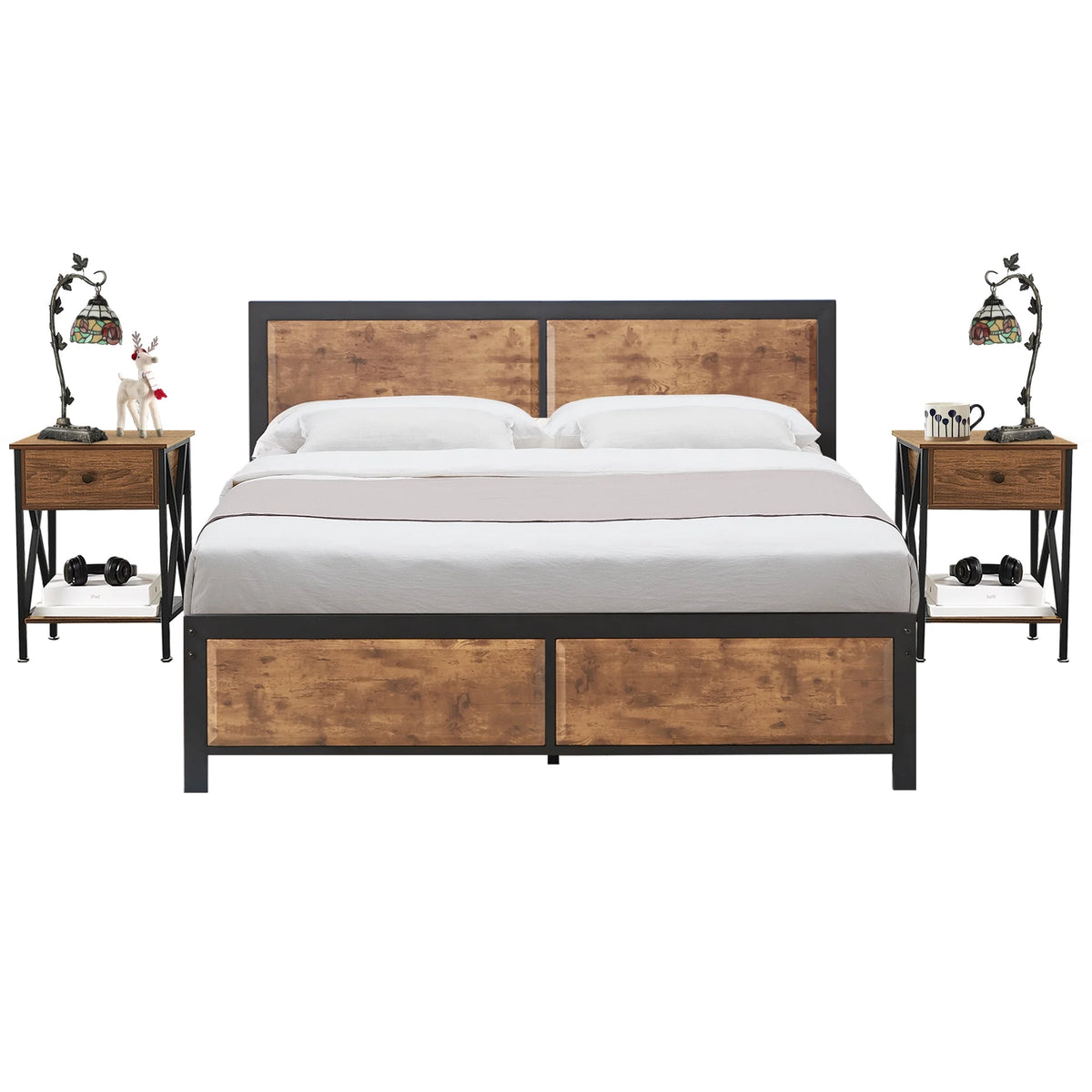 VECELO 3-Piece Bedroom Set with Twin Size Bed Frame and 1-Drawer Black Nightstands