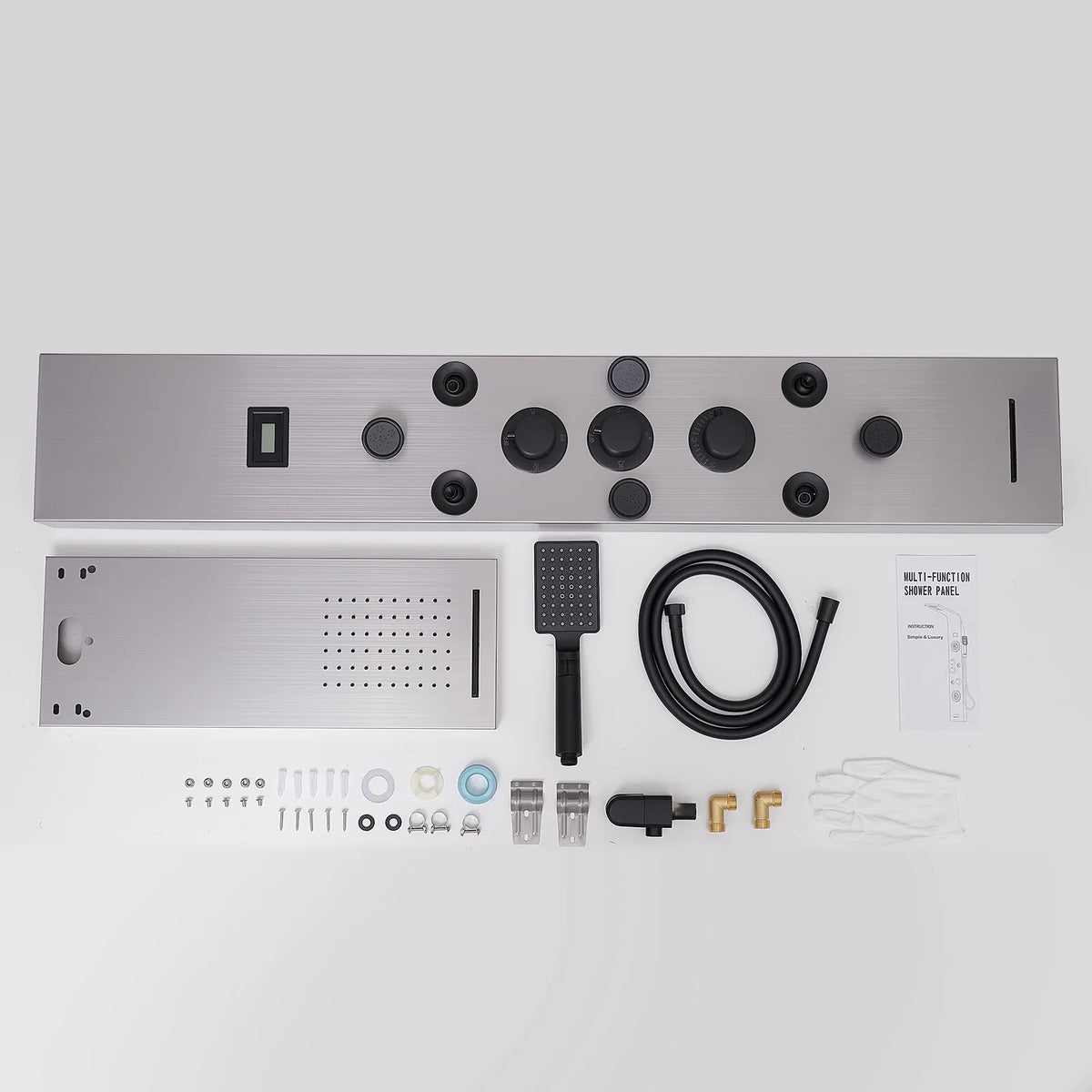 8-Jet Rainfall Shower Panel System with Rainfall Waterfall Shower Head and Shower Wand in chrome Nickel