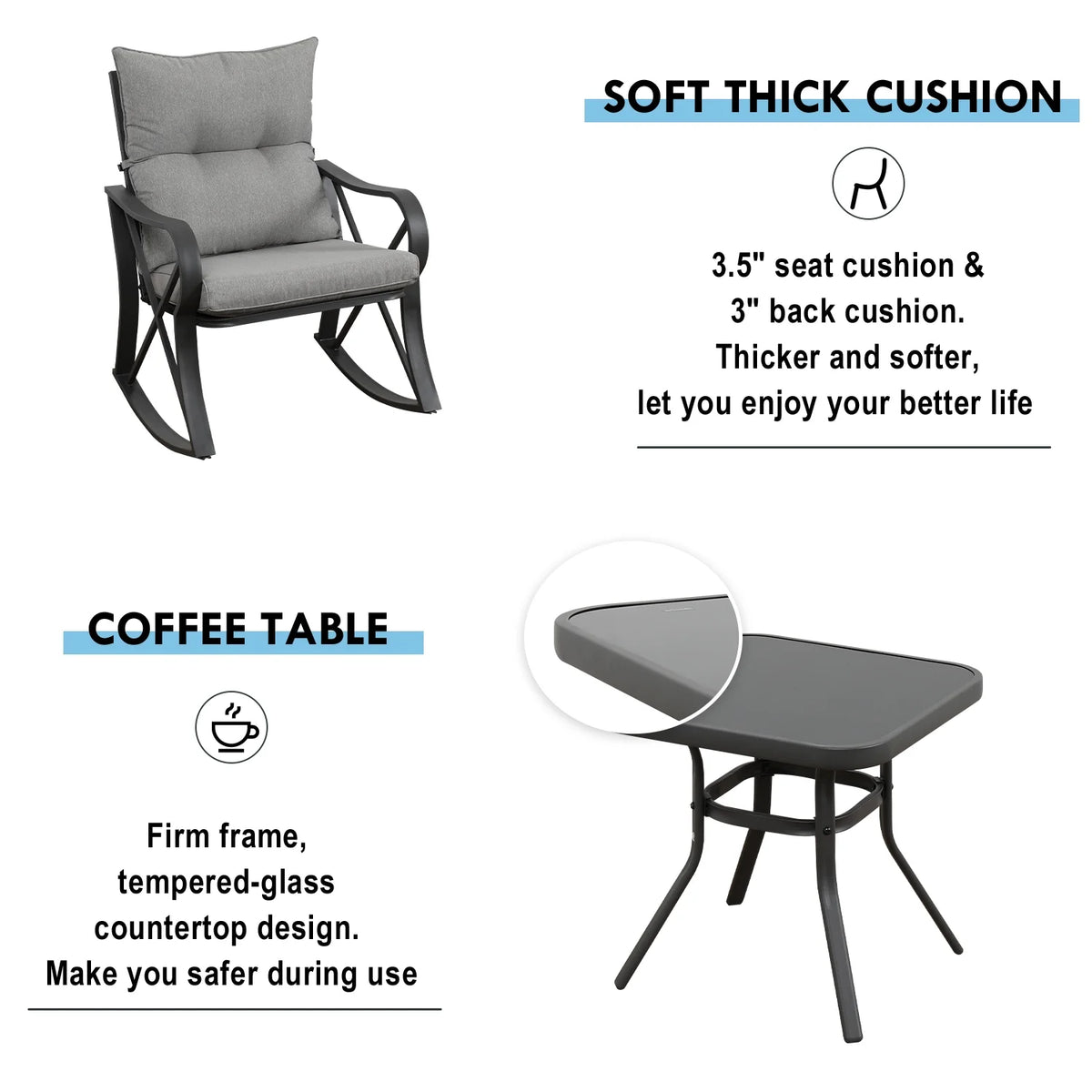 COSIEST 3 Piece Rocking Chair Bistro Set, Patio Outdoor Furniture w Cushions, Glass-Top Table