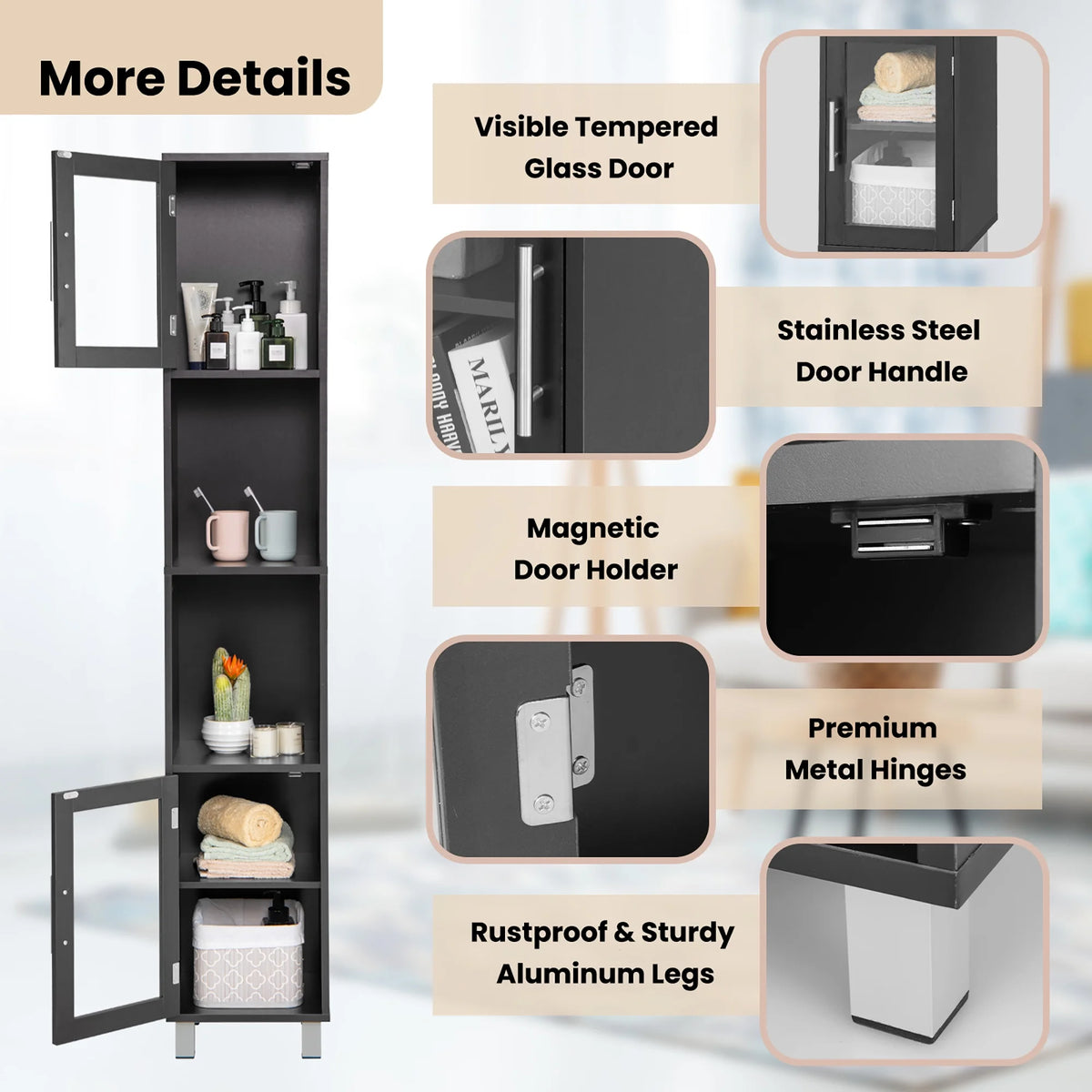 Costway 71'' Tall Tower Bathroom Storage Cabinet Organizer Display Shelves Bedroom Grey