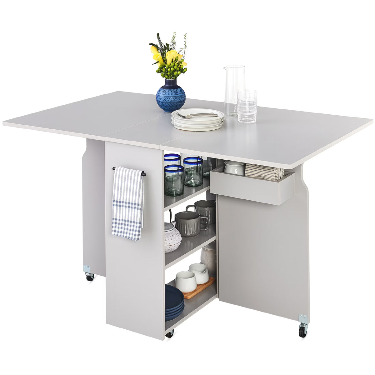 Best Choice Products Multipurpose Folding Table w/ Wheels, 3 Storage Shelves, Cubby, Handle - Brown