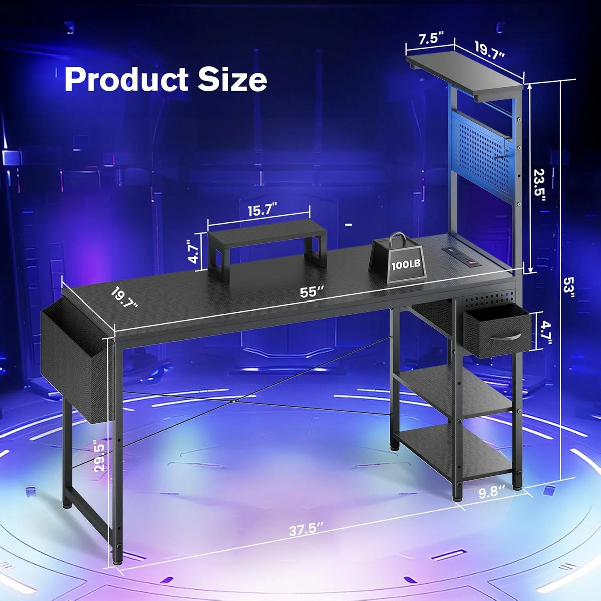 Upgo 55" Gaming Desk with Adjustable Storage Rack & LED Lights, Power Outlets for Adult and Teen