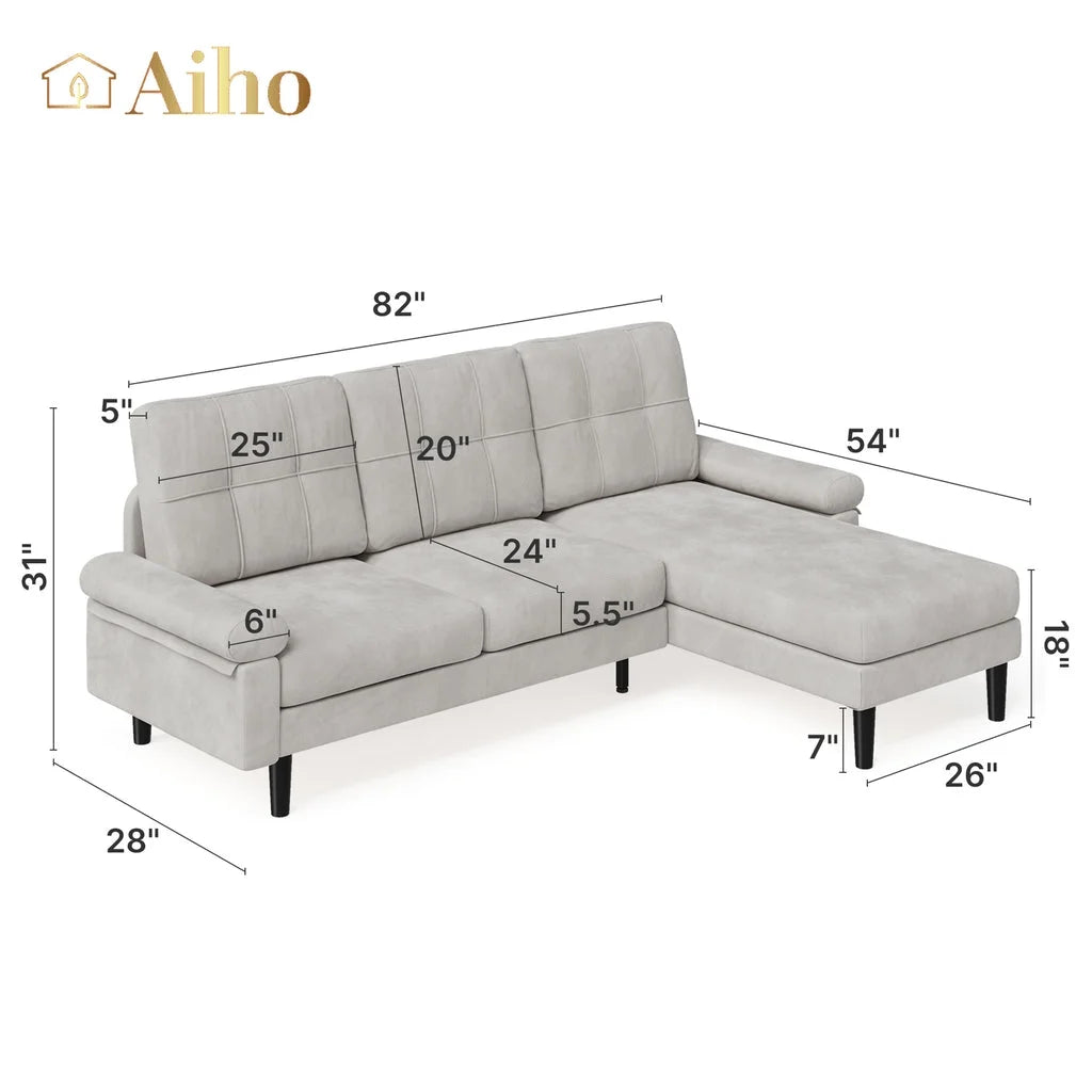 Aiho 82" L Modern Sofa, L-shaped Sofa with 3 Comfortable Pillows for Living Room, Apartment, Studio, Office - Dark Grey