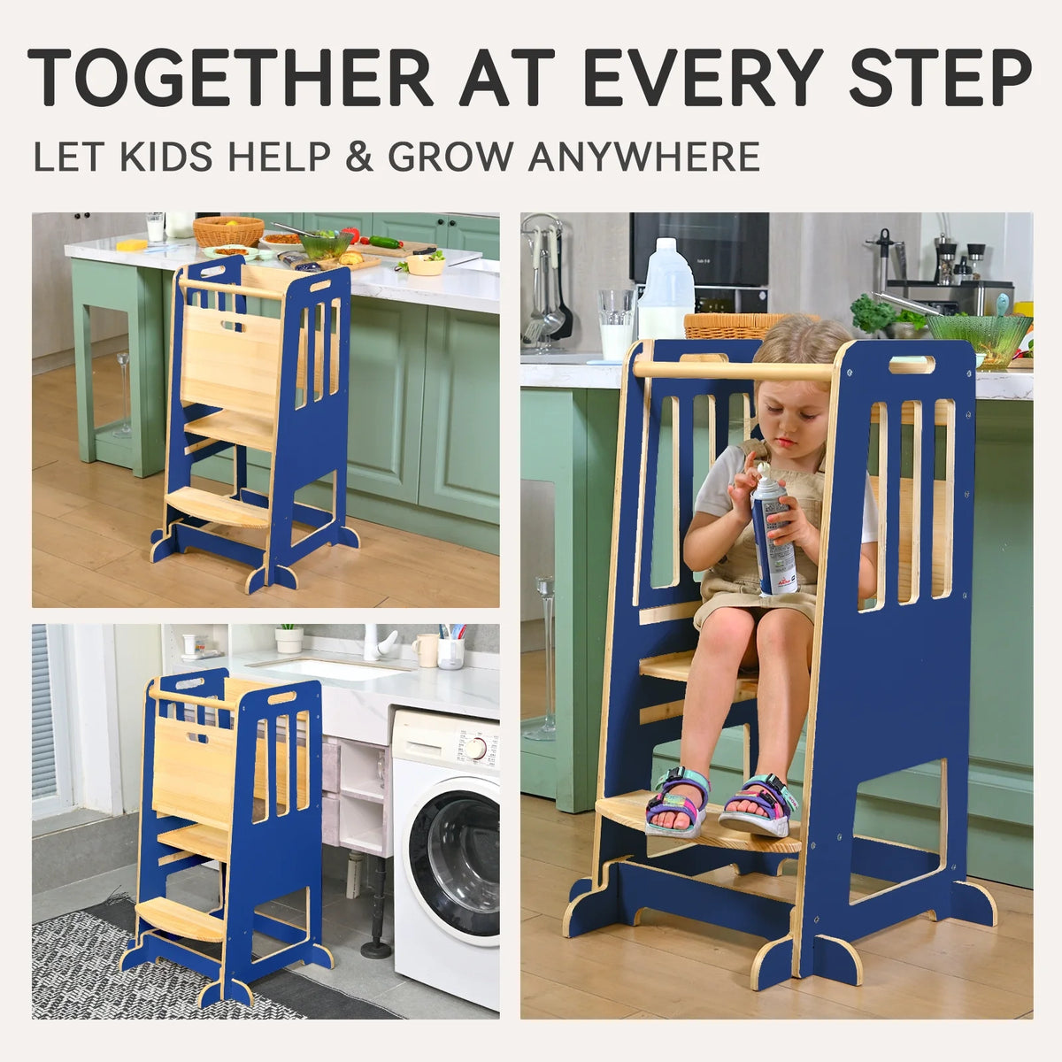 Toddler Standing Tower, Kids Kitchen Stool Helper 3 Levels Adjustable Height Wooden Toddler Step Stools for Learning New Skills