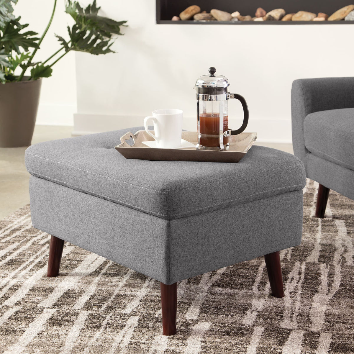 OFM Mid Century Modern Tufted Fabric Storage Ottoman, Walnut Legs, in Beige