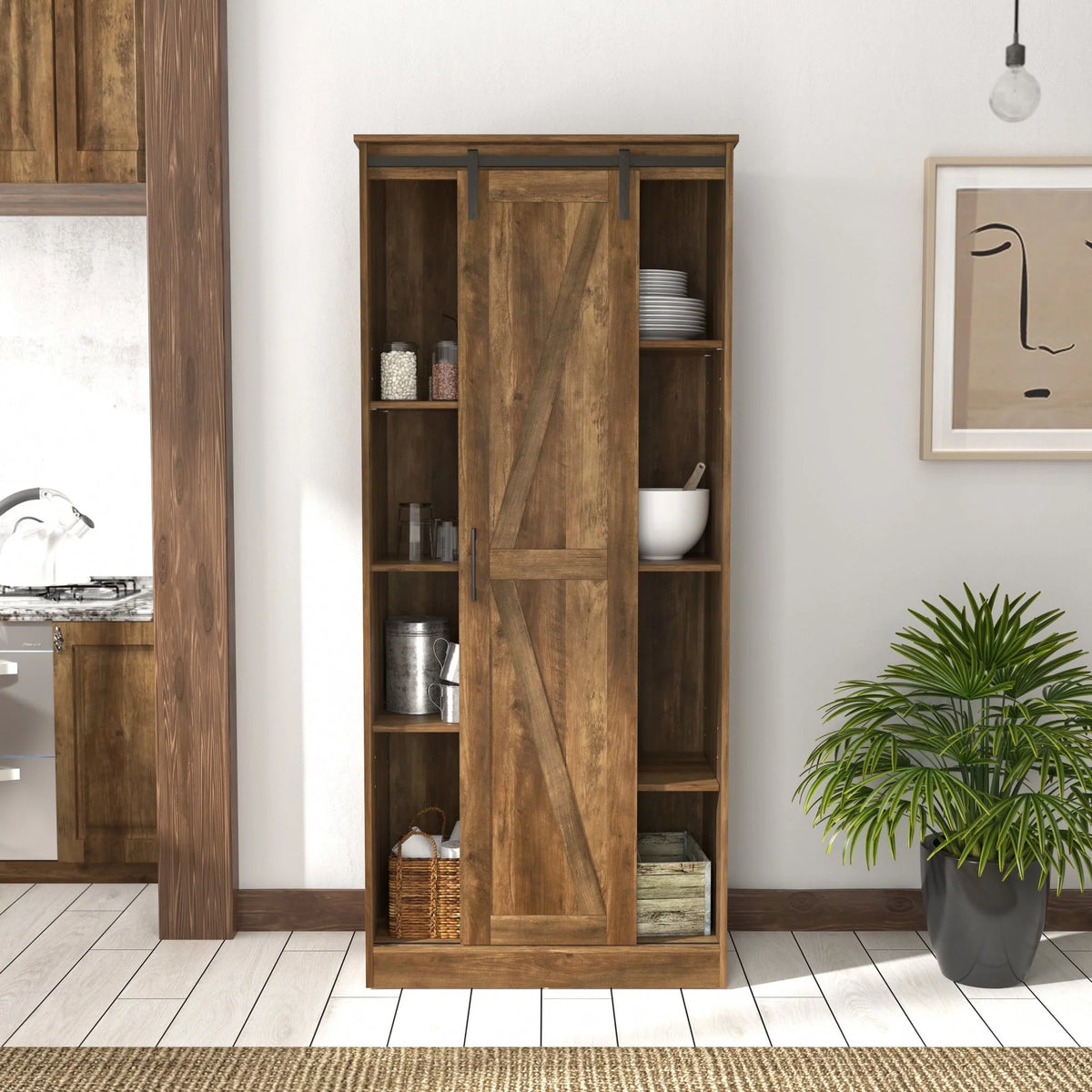 Woven Paths Shelton Wood Kitchen Pantry with 1 Sliding Barn Door, Knotty Oak