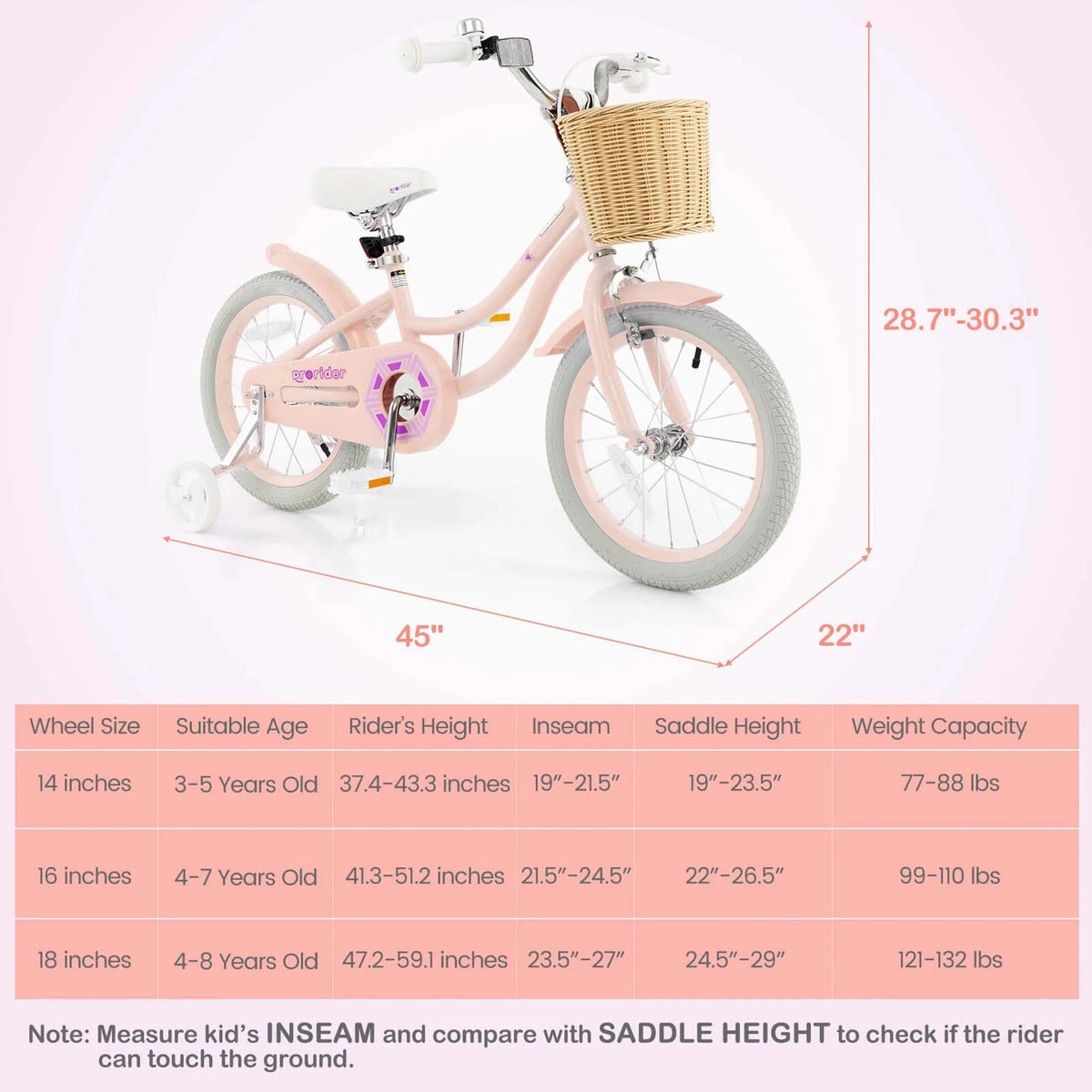 Prorider 16" Kid’s Bike with Training Wheels Adjustable Handlebar Seat Handbrake Pink