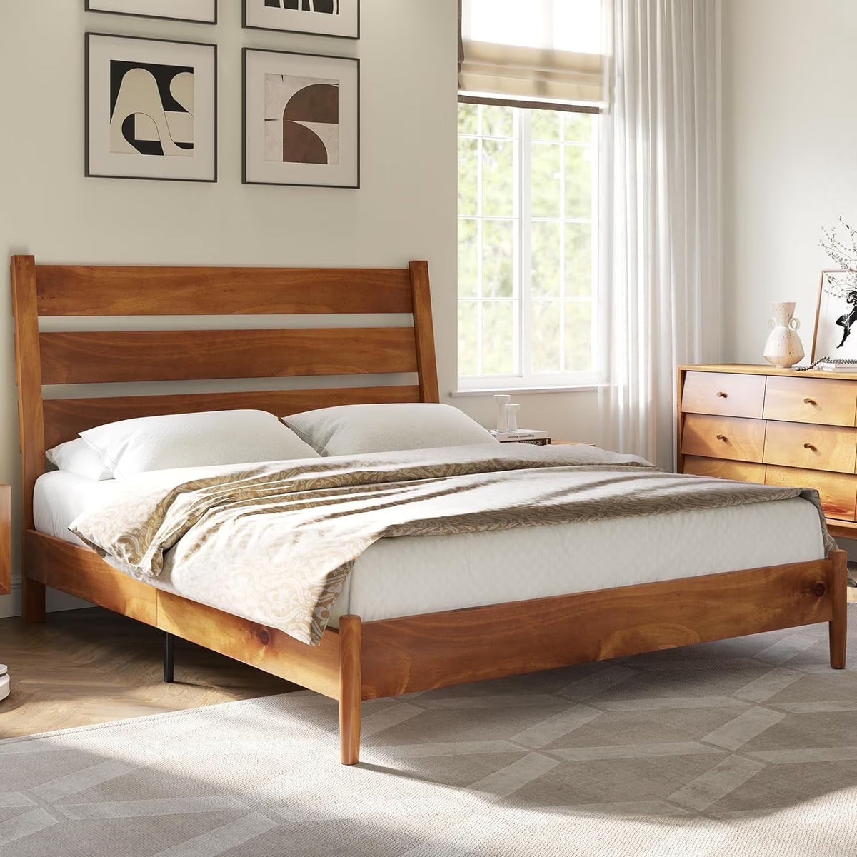 Merluxy Full Size Solid Wood Bed Frame, Mid Century Platform Bed with Reclining Slatted Headboard, Wood Slat Support/Noise Free, Light Brown