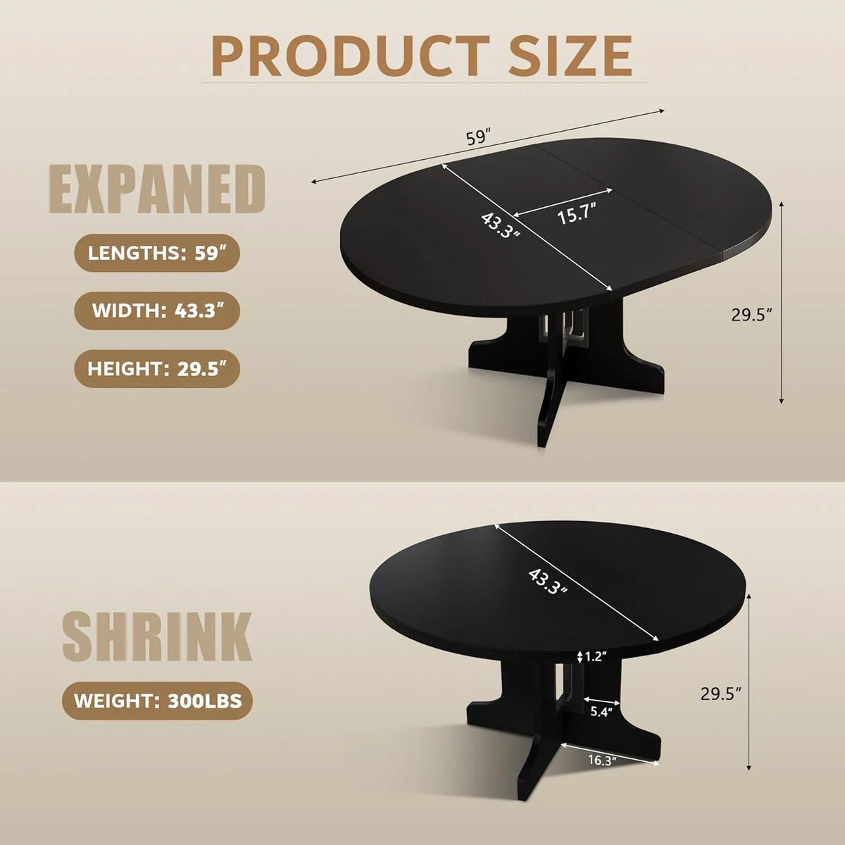 iPormis 59" Extendable Round Dining Table for 6, Modern Kitchen Table with Sturdy Wooden Base, Dining Room Table with Thickened MDF Board, Perfect for Small Space, Black