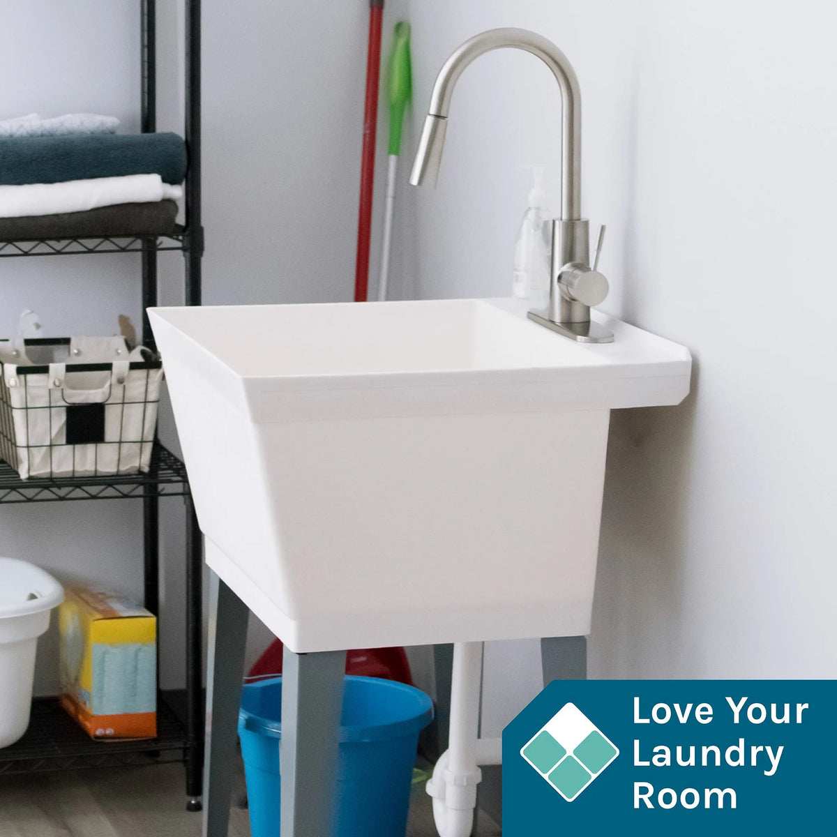 19 Gallon Laundry Sink with High Arc Stainless Steel Pull-Down Kitchen Faucet 6503SS
