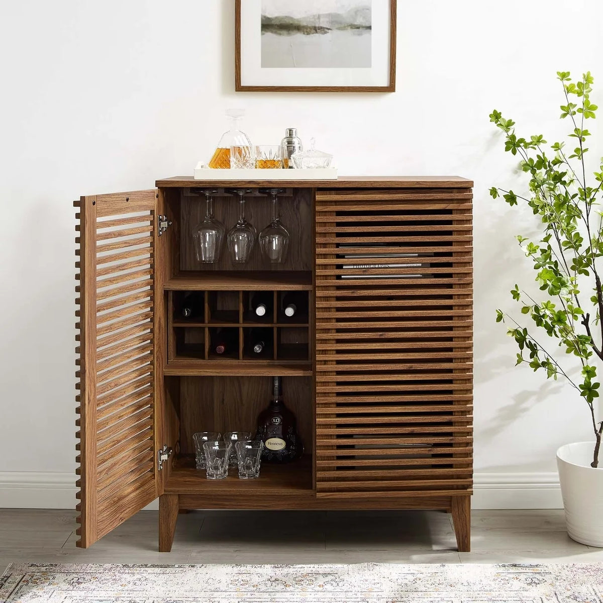 Modway Bar Cabinet with Slatted Door and 2 Drawers, Solidwood Walnut