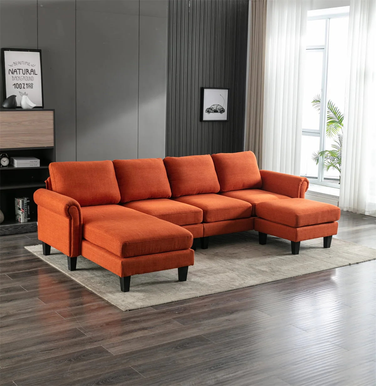 U-Shaped Sectional Sofa,Modular Sofa Set with Reversible Chaise and Ottoman,Living Room Sofa with Padded Cusions and Sturdy Legs,Multifunctional Sectional Sofa Couch for Living Room Office,Orange