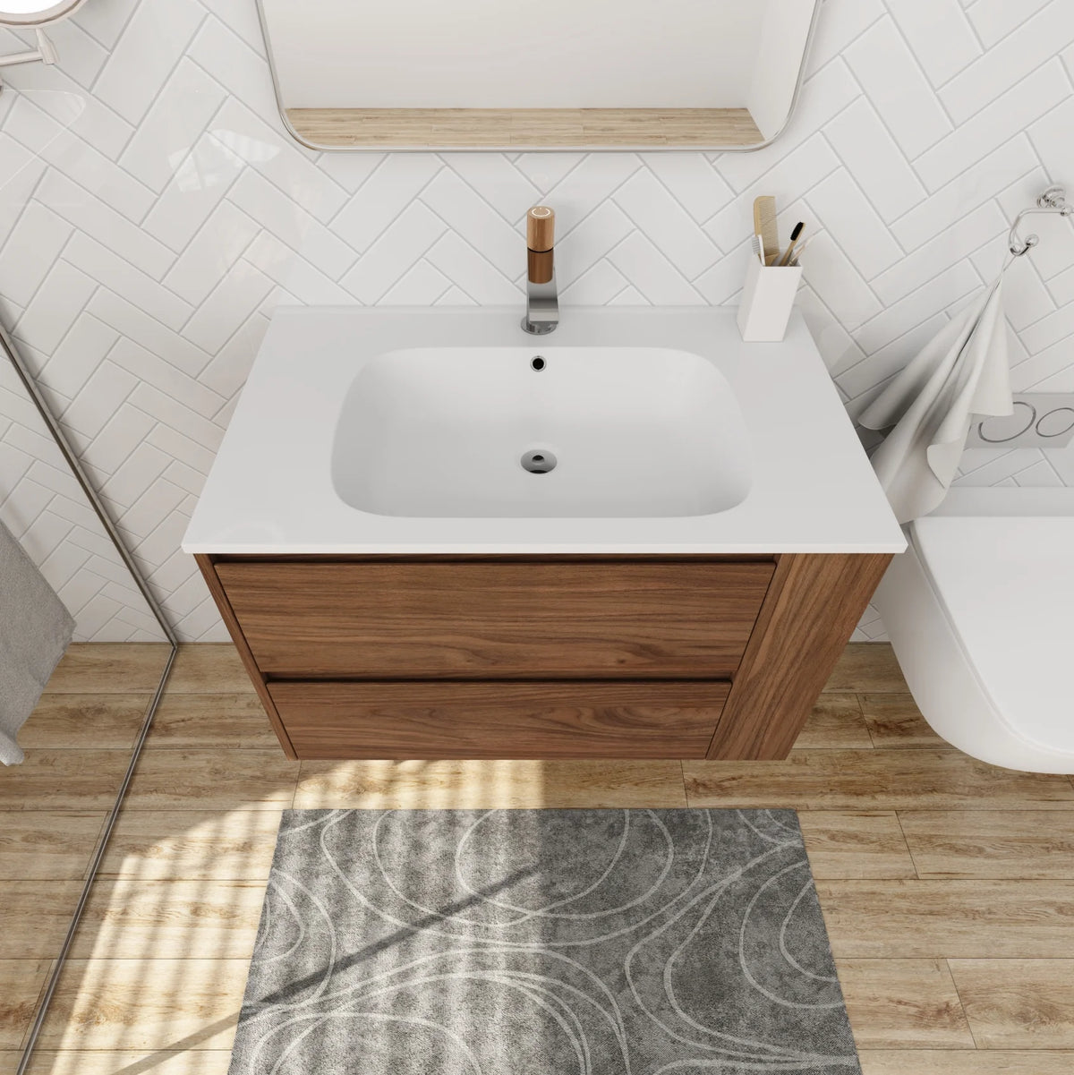 30" Bathroom Vanity with Sink Set, Wall Mounted Floating Bathroom Vanities with Adjustable Shelf and Storage Drawers Vanity and Sink Combo, Bathroom Storage Combo Cabinet for Small Space, White